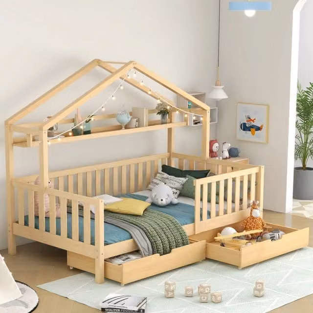 Letto singolo per bambini OKWISH in legno di pino con 2 cassetti, ripiano e barriera di sicurezza, stile scandinavo, L/P/H: 200 x 90 x 166,5 cm, colore bianco e sabbia