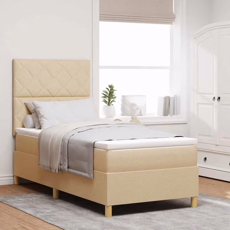 Letto a molle con testiera vidaXL in tessuto beige e grigio, design moderno con molle a sacchetto, L/P/H: 190 x 90 x 40 cm