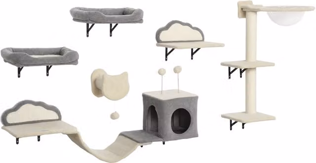 Set di 6 mensole da parete per gatti PawHut con amache, tiragraffi e lettini, Beige
