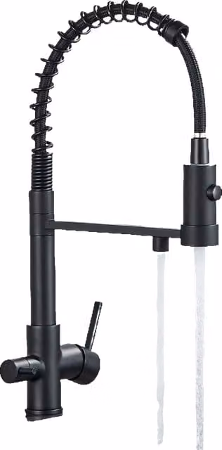 Miscelatore da cucina Klarwerk Bernd in acciaio inox con filtro a 3 vie, nero opaco, con canna girevole a molla e funzione spray