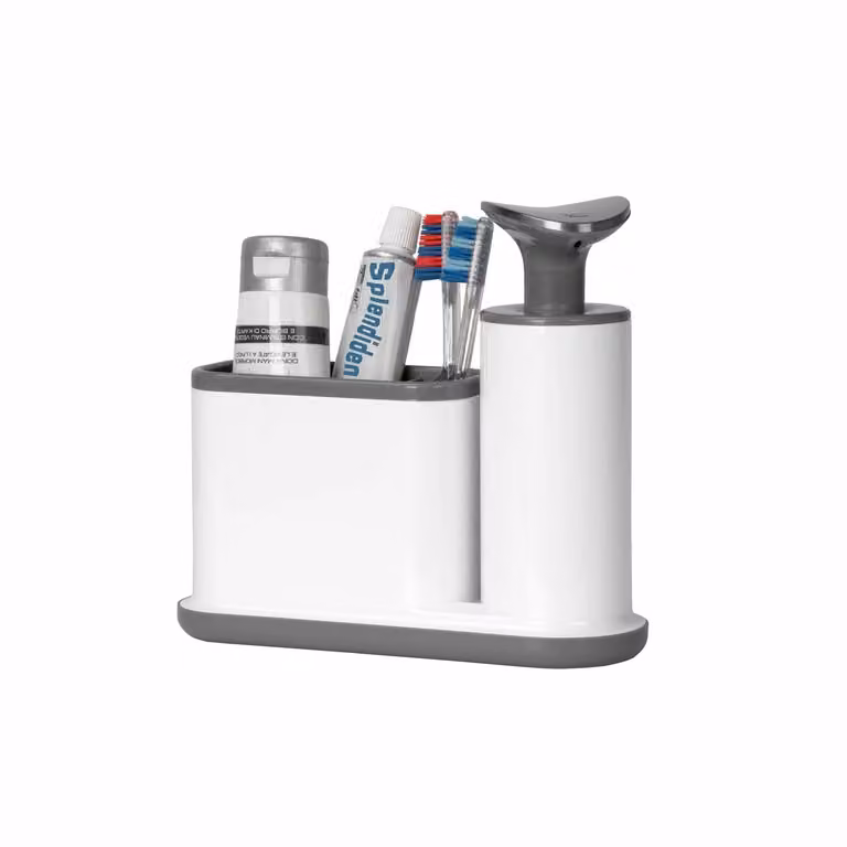 Dispenser sapone con portaoggetti in polipropilene VESTIAMO CASA, grigio o bianco, capacità 280 ml