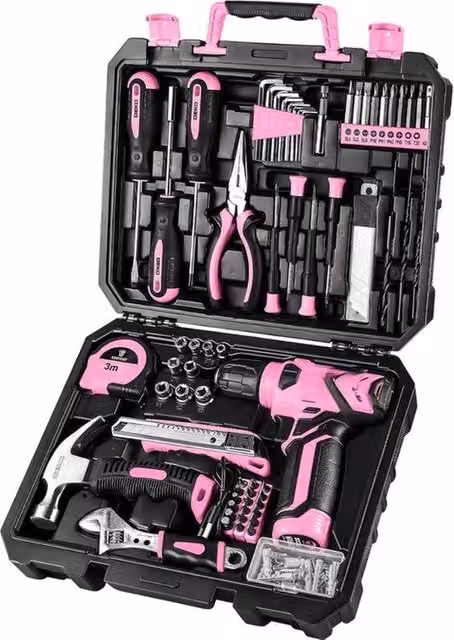 Set di attrezzi completo da 126 pezzi con motosega senza fili 8V e accessori per fai da te, colore rosso