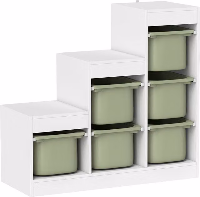 Scaffale Portagiochi AIYAPLAY a 3 Livelli con 6 Contenitori per Bambini, Verde e Bianco, L: 96 cm, P: 38.5 cm, H: 90 cm