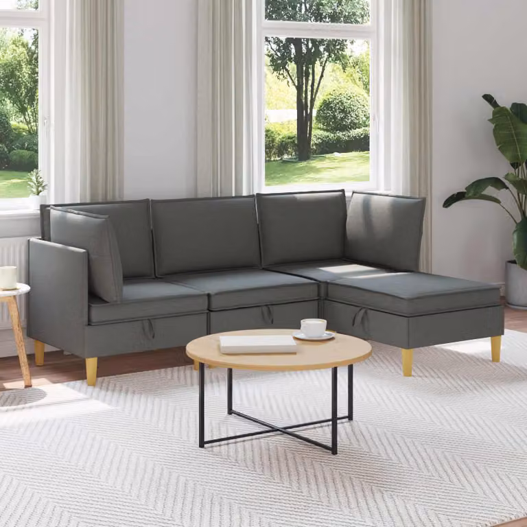 Set di divani modulari vidaXL a L in tessuto grigio con spazio di archiviazione, 4 pezzi
