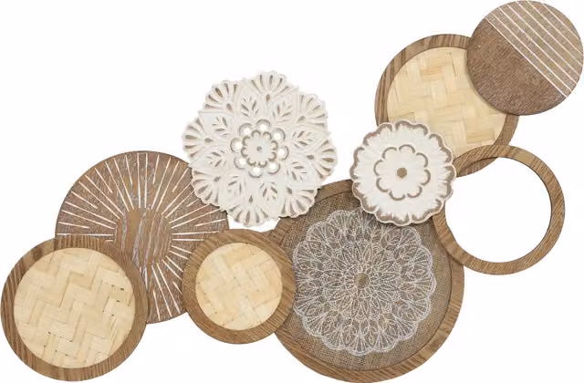 Decorazione murale HOMCOM in legno naturale con design astratto a dischi, colori bianco e marrone, L: 83.8 cm, P: 4.4 cm, H: 44.5 cm