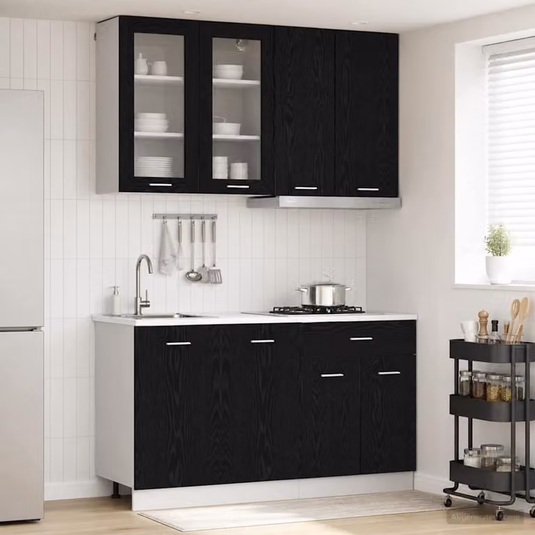 Set di 4 unità cucina moderna vidaXL LYON in legno ingegnerizzato e rovere, colore nero con ante in vetro e ripiani interni