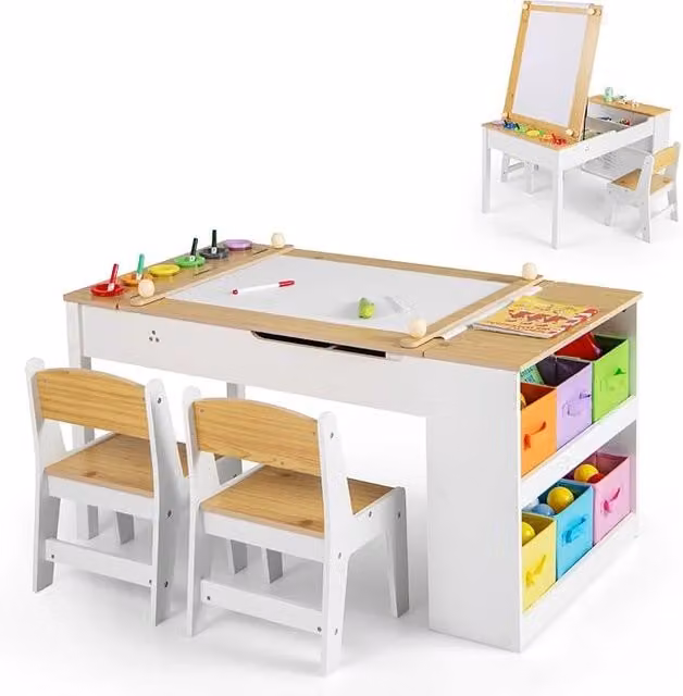 Set Tavolo da Disegno e Cavalletto Multifunzione COSTWAY per Bambini con 2 Sedie, Piano Reversibile Sollevabile e Regolabile in Altezza, Colore Bianco