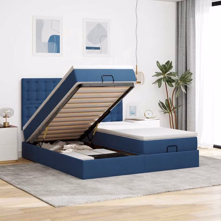 Letto matrimoniale con contenitore e materasso vidaXL in tessuto blu e bianco, dotato di base a sollevamento, illuminazione sottostante e porte di ricarica USB, L/P/H: 203 x 180 x 128 cm