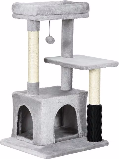 Albero Tiragraffi per Gatti PawHut Multilivello con Casetta, Amaca e Giocattoli Integrati, Rivestimento in Peluche, Grigio