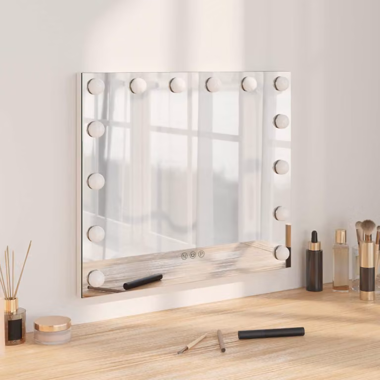 Specchio da Vanità da Tavolo vidaXL Bianco con LED Dimmerabile e Touch Switch in Vetro e Metallo L: 50 cm, P: 10 cm, H: 44 cm