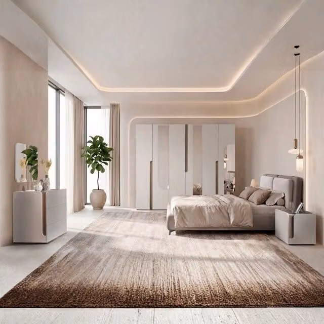 Completa camera da letto moderna Loana in olmo e tessuto beige con armadio a 6 ante, specchi, comodini, cassettiera e letto contenitore 160x190 cm