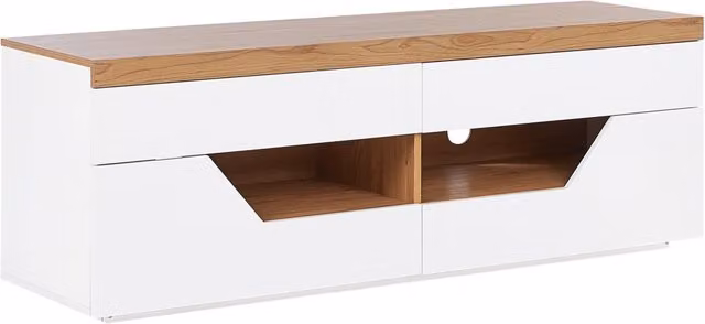 Mobiletto TV BELIANI in stile scandinavo marrone e bianco con 4 cassetti, 2 ripiani e foro per cavi, L: 140 cm, P: 40 cm, H: 50 cm