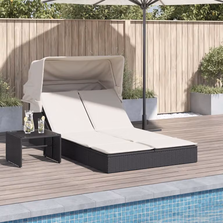 vidaXL Lettino Prendisole Doppio con Baldacchino e Cuscini in Polyrattan Nero