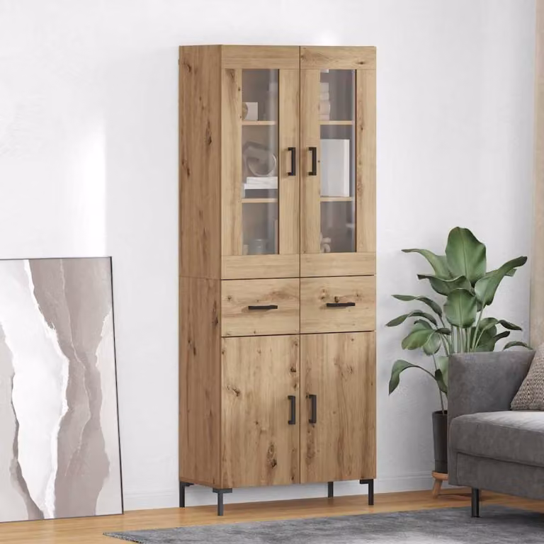 Set di 2 credenze vidaXL in rovere e vetro con ante in vetro per soggiorno, L/P/H: 69,5 x 34 x 180 cm