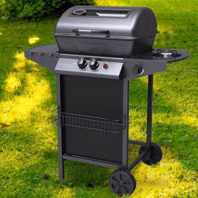 Barbecue a Gas Bakaji con Pietra Lavica, 2 Fuochi, Fornello Laterale e Griglia in Acciaio Inox, Colore Nero