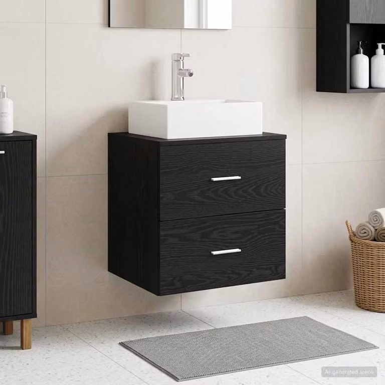 Lavabo da parete moderno vidaXL in Rovere Nero con cassetti, L 49,5 cm x P 41 cm x H 62,5 cm