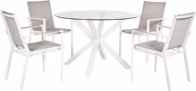 Set da pranzo da giardino Beliani con tavolo in alluminio bianco e piano in vetro trasparente e 4 sedie, L: 120 cm, P: 77 cm, H: 70 cm