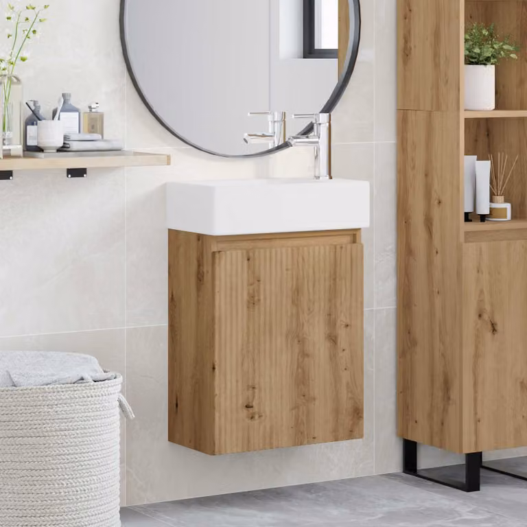 Mobile bagno vidaXL in rovere con rubinetto e ante a battente, bianco e marrone