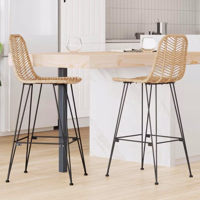 Set di 2 sedie da bar vidaXL in rattan e metallo, colore naturale beige e marrone, L/P/H: 44 x 53 x 111 cm