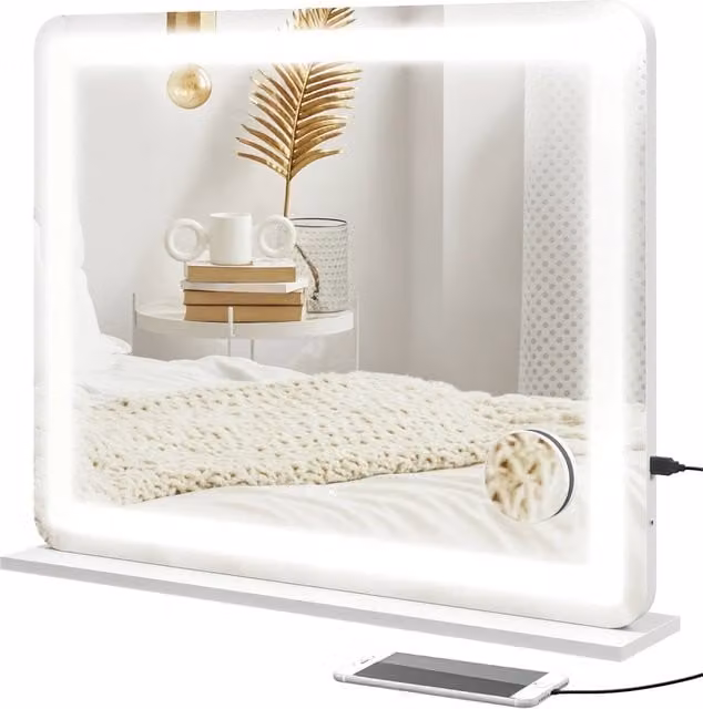 Specchio da tavolo Zephmum con LED e ingrandimento 10X, Bianco, L: 80 cm x H: 62 cm