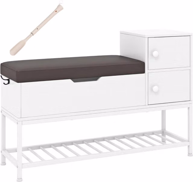 Panchina da ingresso Design Mania con porta scarpe, vano a ribalta e 2 armadietti, disponibile in bianco o grigio con seduta in ecopelle