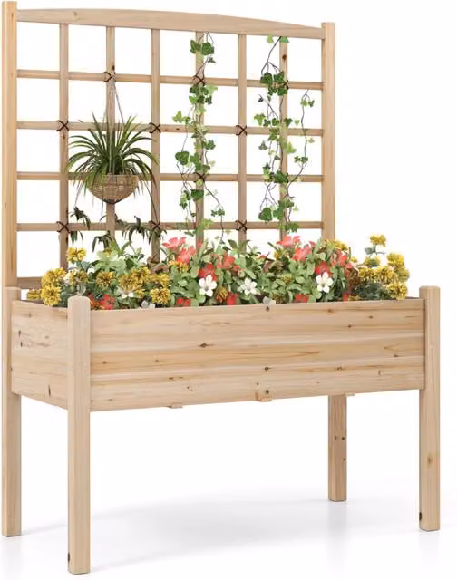Letto da giardino elevato in legno di abete marrone con traliccio per rampicanti, L: 160 cm, P: 80 cm, H: 119 cm