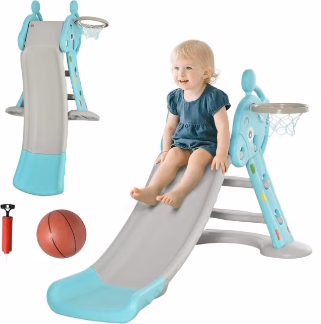 Scivolo per bambini 2 in 1 XYLO Giraffa con canestro basket, blu e grigio, L 140 cm x P 87 cm x H 85,5 cm