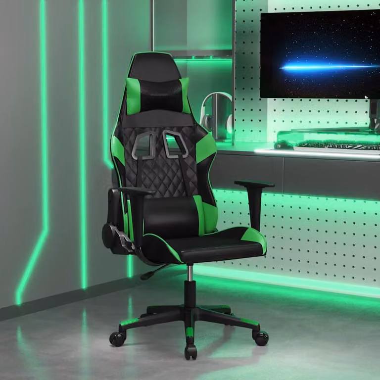 Sedia da Gaming vidaXL Nera e Verde in Similpelle con Poggiatesta e Ruote
