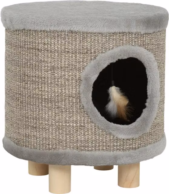 Cuccia per gatti 3 in 1 PawHut: letto, sgabello e poggiapiedi con tiragraffi in sisal e gambe in legno, Grigio, L/P/H: 36 x 36 x 38 cm