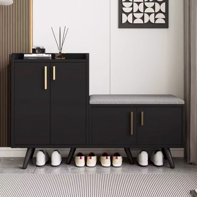 Scarpiera Mivray con seduta imbottita e ripiani interni in MDF, colore nero e noce scuro, L 120 x P 34 x H 82 cm