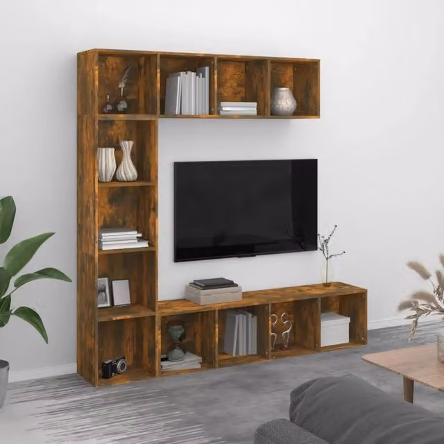 Set di mobili componibili vidaXL per soggiorno con libreria e porta TV in rovere fumo, 3 pezzi, L: 180 cm, P: 30 cm, H: 180 cm