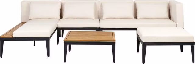 Set da giardino Beliani a 4 posti in legno di acacia e alluminio con divano angolare a sinistra, tavolino, ottomano e cuscini beige