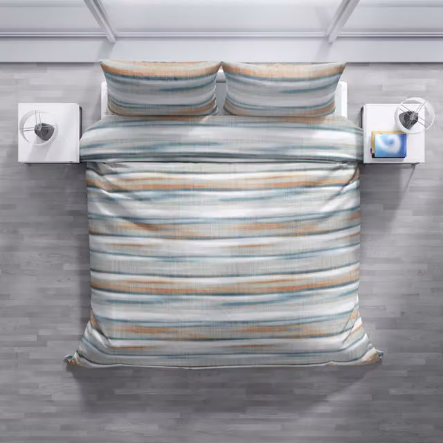 Completo copripiumino e federe DaunenStep Joy in cotone mako satin a righe blu per adulti con chiusura a zip