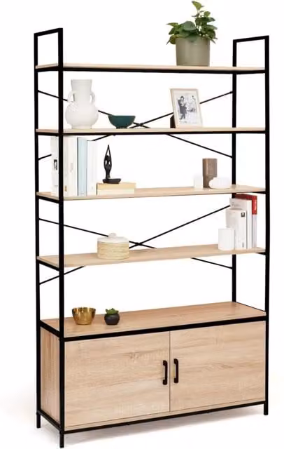 Scaffale XL IDMarket DETROIT con armadietto e 5 livelli in stile industriale, colore nero e marrone, H: 170 cm, L: 30 cm, P: 30 cm