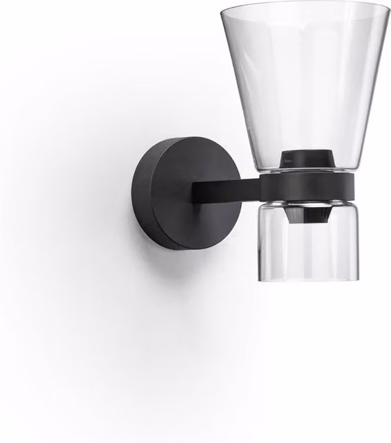 Applique a parete Flos Nocturne Cone in vetro trasparente e alluminio nero con tecnologia LED dimmabile e luce bianca calda