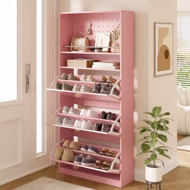 Scarpiera Slim Minimal Rosa con 3 ante e 2 ripiani per ingresso, L: 80 cm, P: 24 cm, H: 178.5 cm