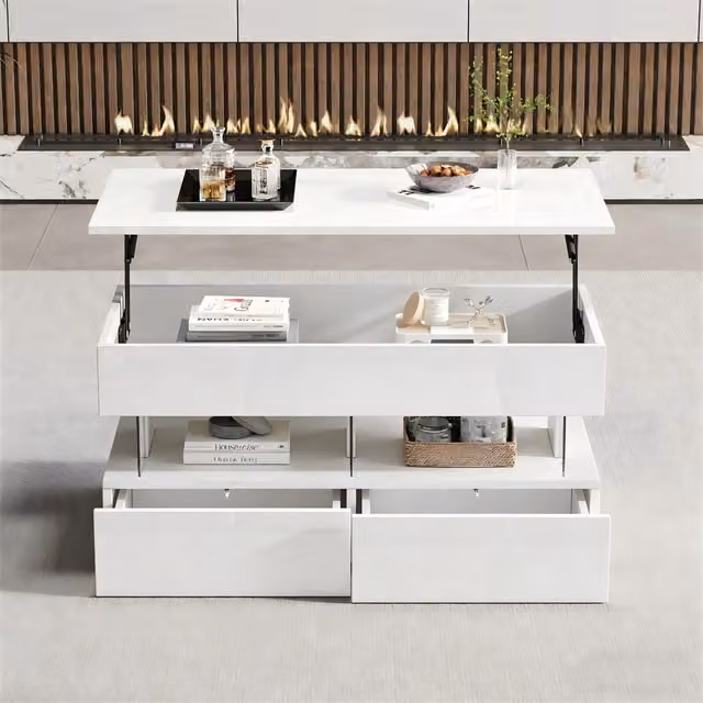Tavolino da caffè MINIMAL bianco lucido con meccanismo sollevabile e cassetti L 100 x P 50 x H 46 cm