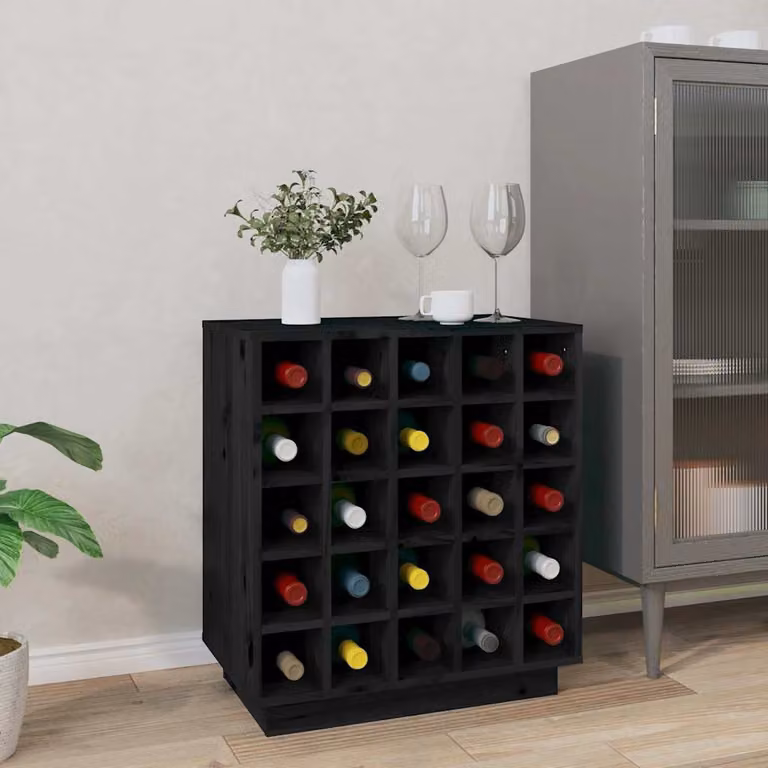 vidaXL Portabottiglie Nero in Legno di Pino Massello con Schienale, Stile Rustico, L 55,5 cm x P 34,0 cm x H 61,0 cm