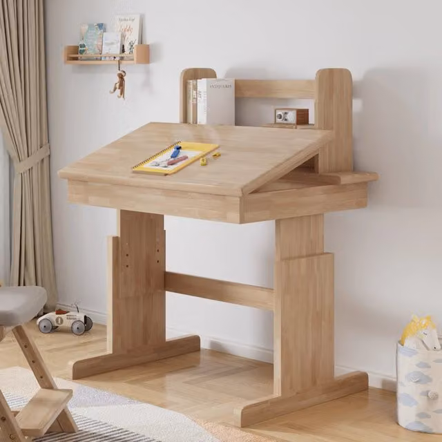 Scrivania per bambini OKWISH in legno massello naturale con piano inclinabile e altezza regolabile, stile scandinavo, marrone/beige, L: 104 cm, P: 60 cm, H: 50-80 cm