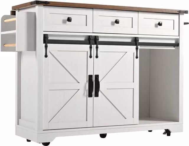 Isola da cucina con piano ribaltabile e carrello portavivande su ruote, beige, con 2 ante scorrevoli e 3 cassetti, L/P/H: 140 x 45 x 73-94 cm