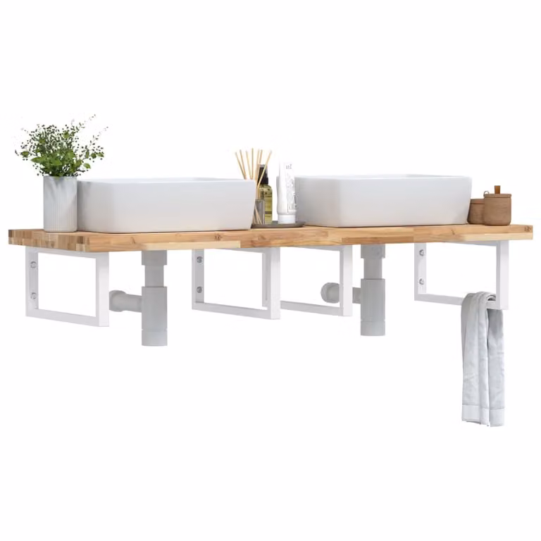 vidaXL Ripiano a Parete per Lavabo in Accacia e Acciaio, Bianco e Marrone