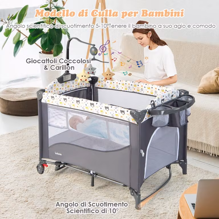 Culla 5-in-1 Costway con materasso, cambio pannolini, carillon e giocattoli, dondolo portatile per neonati Grigio