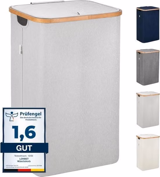 Cesto per la biancheria Wascazzo da 100L con struttura in legno di bambù e coperchio ventilato, sacco lavabile rimovibile, Grigio chiaro