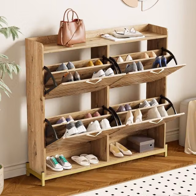 Scarpiera salvaspazio OKWISH a 4 ante in MDF effetto legno marrone con piedini in metallo per ingresso e corridoio L: 108,5 cm, P: 24 cm, H: 100 cm