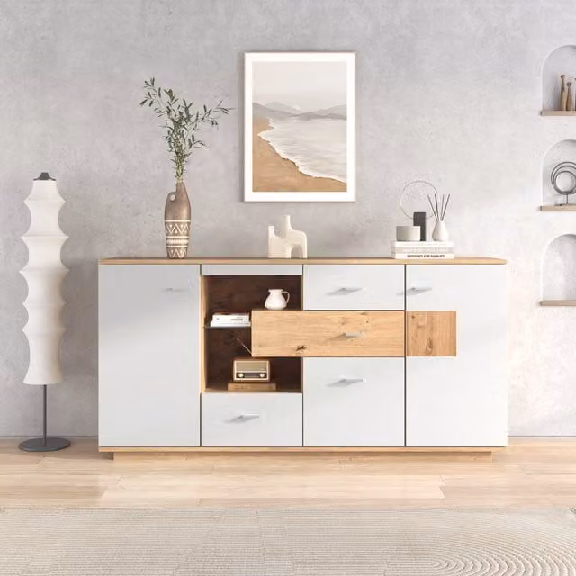 Credenza moderna per soggiorno GL Store con illuminazione LED, 4 cassetti, 2 ante e ripiano in vetro, L: 160 cm, P: 40 cm, H: 77 cm, color legno