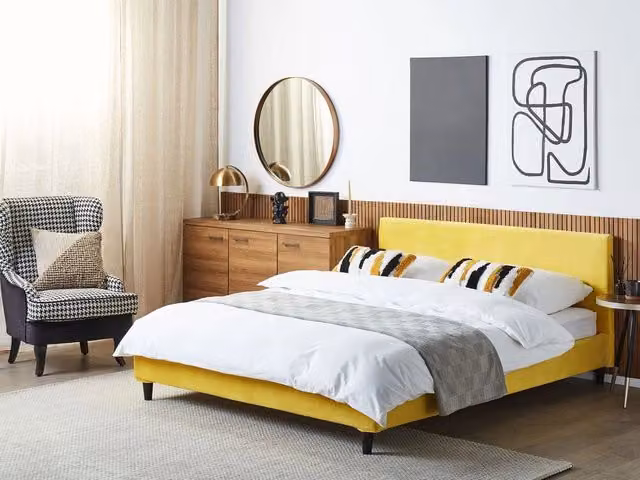Letto Beliani in velluto giallo con telaio a doghe in legno L: 160 cm, P: 200 cm, H: 103 cm