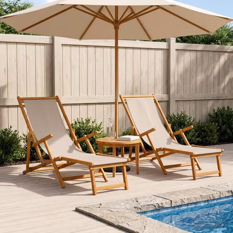 Set di 2 lettini prendisole pieghevoli vidaXL in legno trattato con poggiatesta regolabile, colore beige