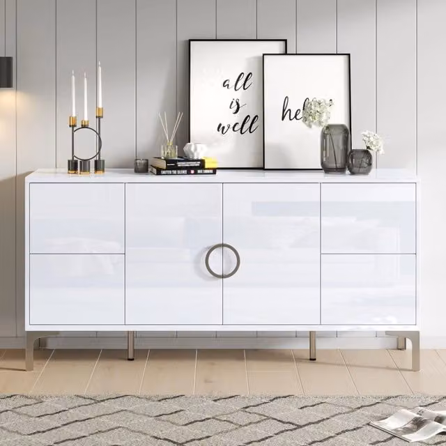 Sideboard moderno bianco lucido con 4 cassetti e 2 ante, L/P/H: 150 x 38 x 59,5 cm