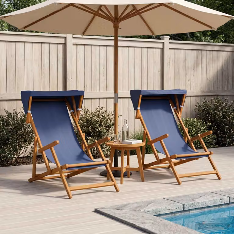 Set di 2 lettini prendisole vidaXL in legno di eucalipto massello con poggiatesta regolabile e tessuto blu per giardino e terrazzo