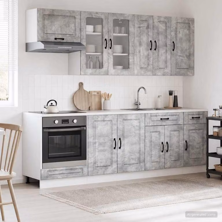 vidaXL Unità Cucina KALMAR 8 Pezzi Grigio Cemento in Legno Ingegnerizzato e MDF con Ante in Vetro